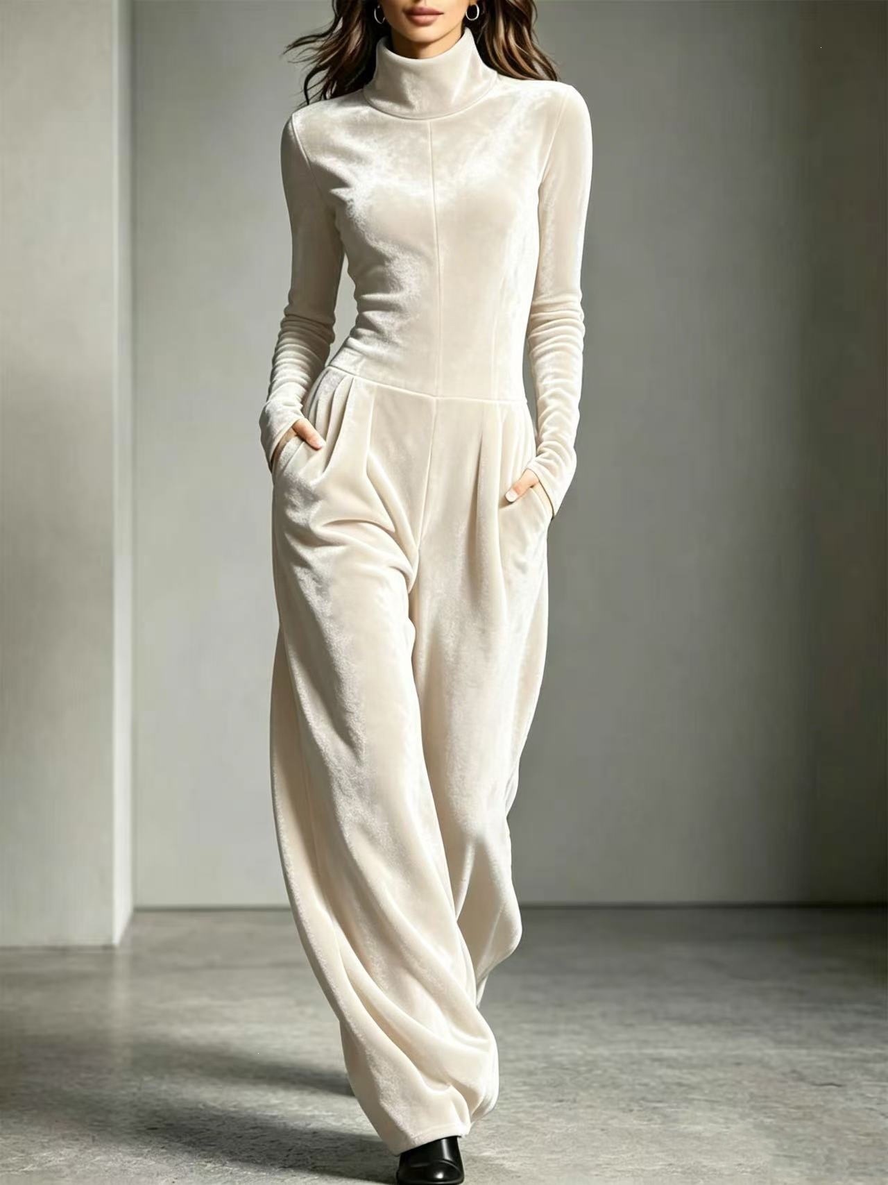 Women's Turtleneck Solid Color Korean Velvet Long Sleeve Jumpsuit