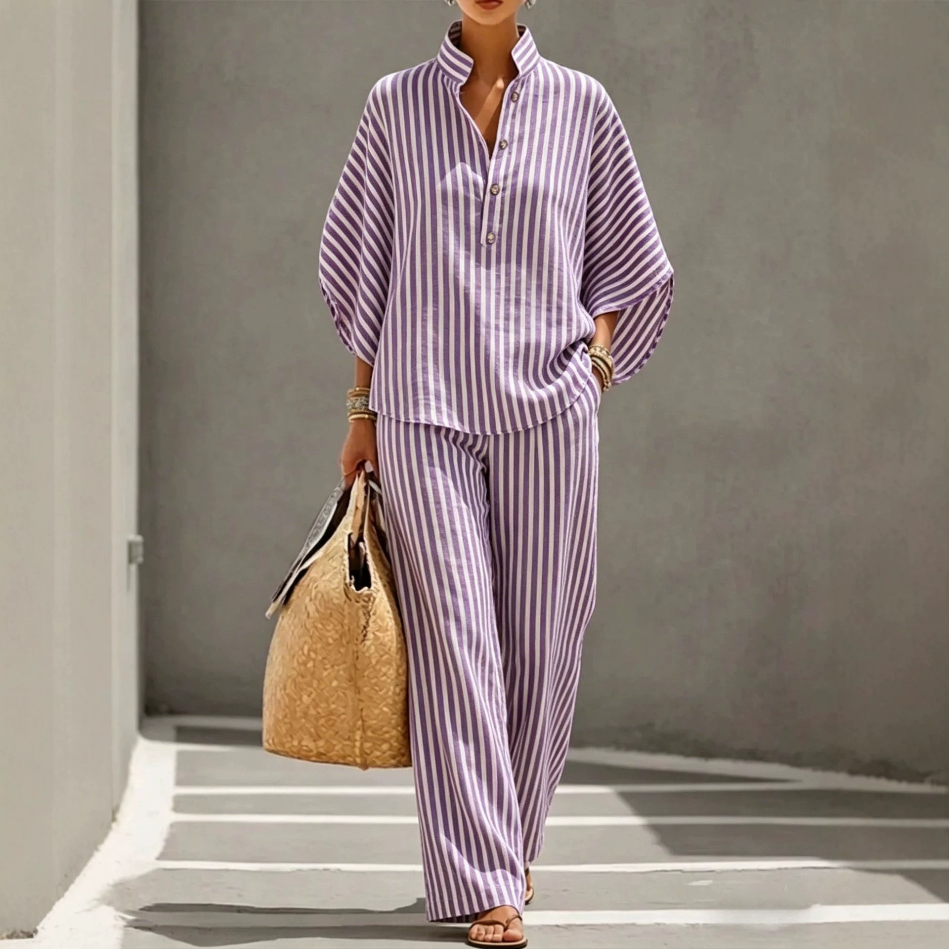 Women's Striped Shirt and Pants Set Casual Vacation Outfit