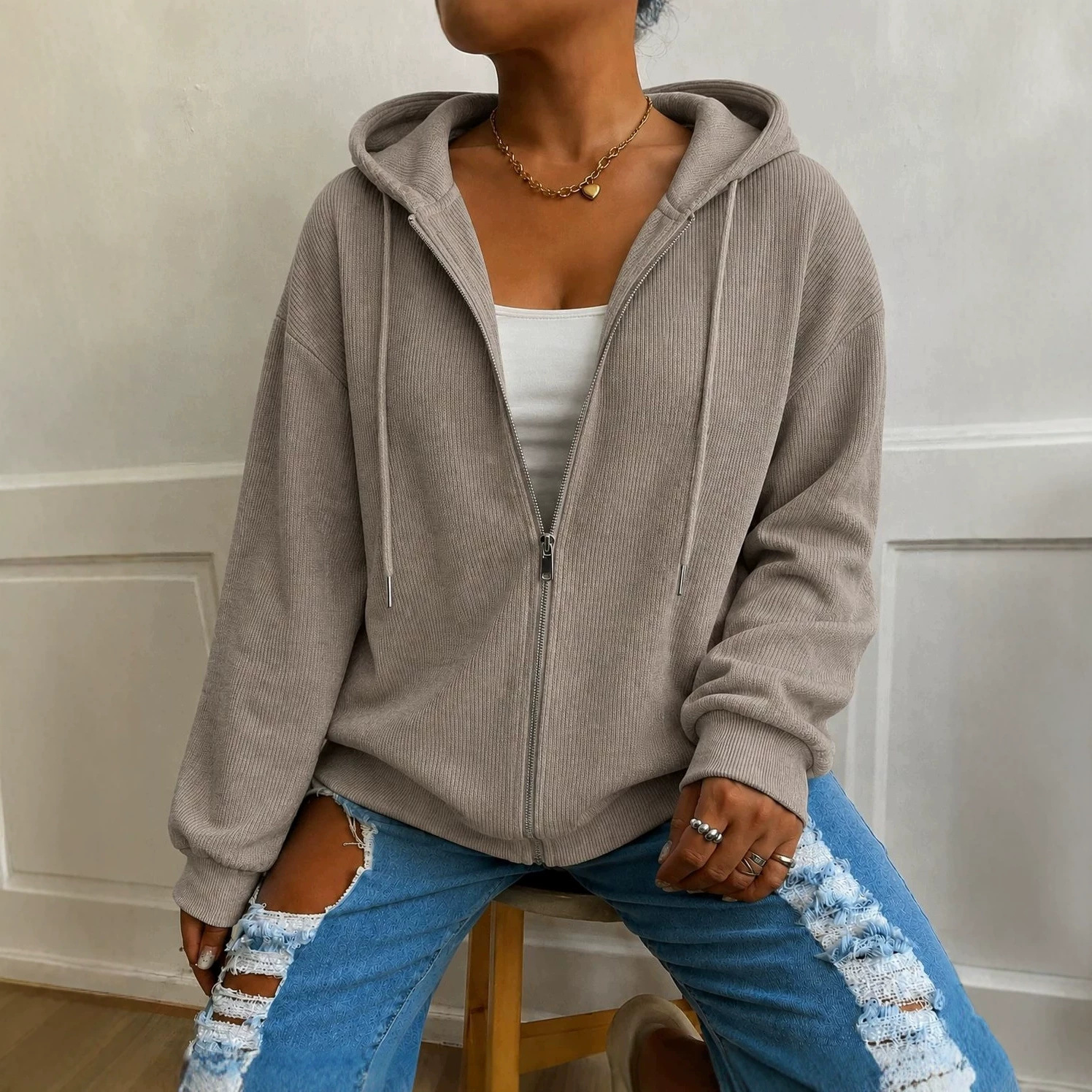 Women's Casual Loose Hooded Zip Knit Cardigan Textured Long Sleeve Outerwear