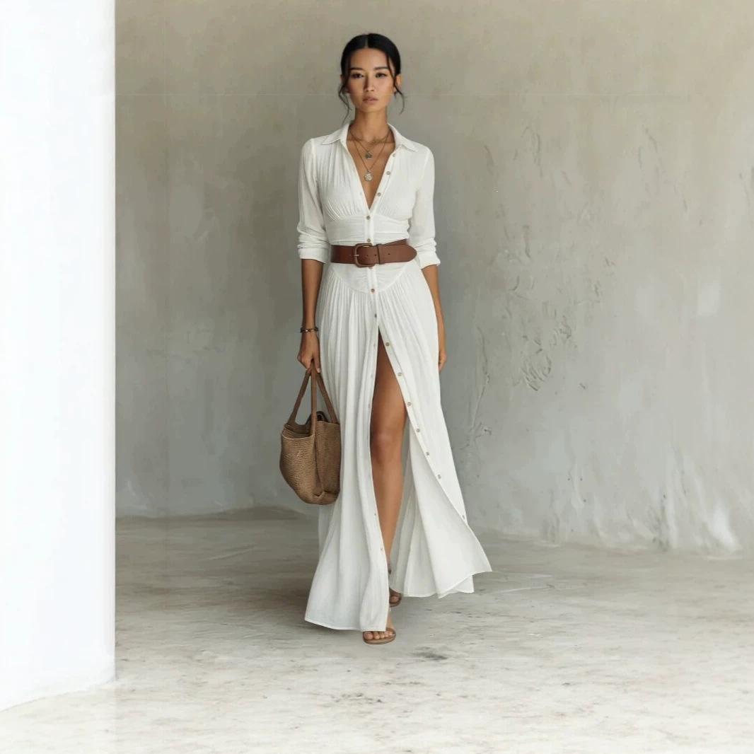 Women's Collared Long Sleeve Shirt Dress High Waist Pleated Split Long Vacation Dress with Belt