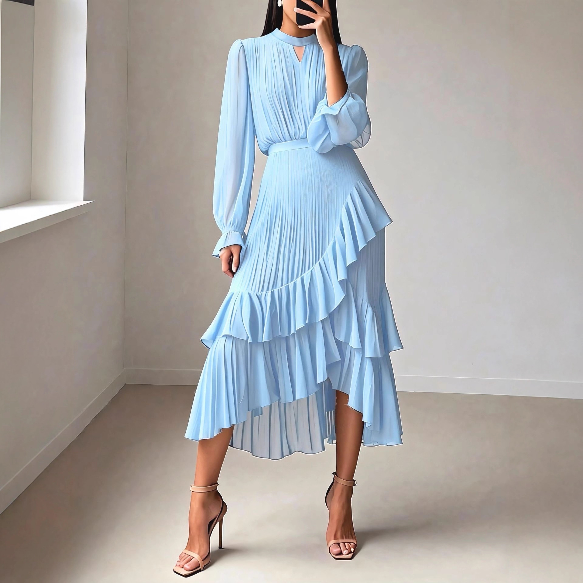Solid Ruffle Pleated Midi Dress with Bell Sleeves