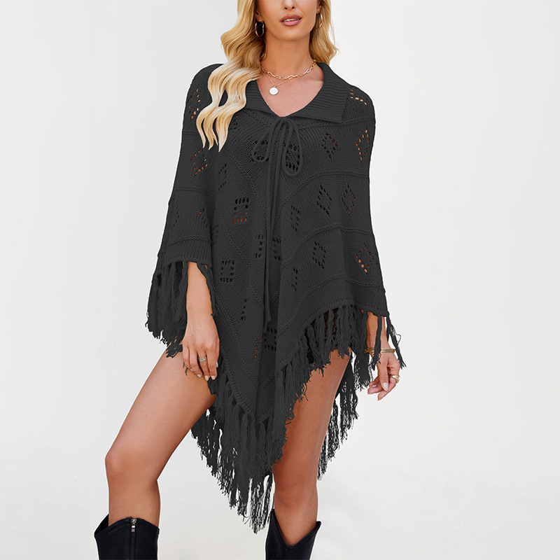Fringed Knit Cape Sweater with Lapel Collar