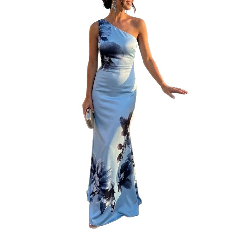 Blue Floral One-Shoulder Long Dress Elegant Evening Gown