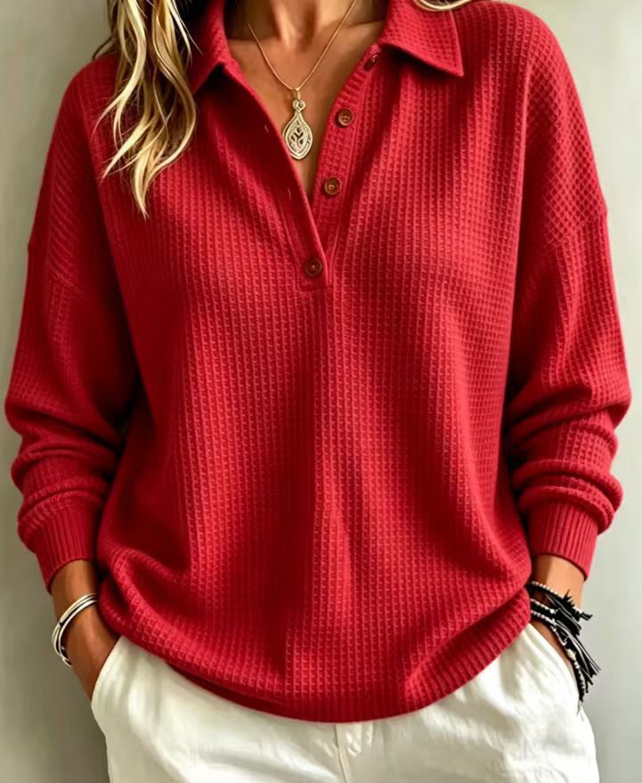 Waffle Knit Button-Front Pullover Top