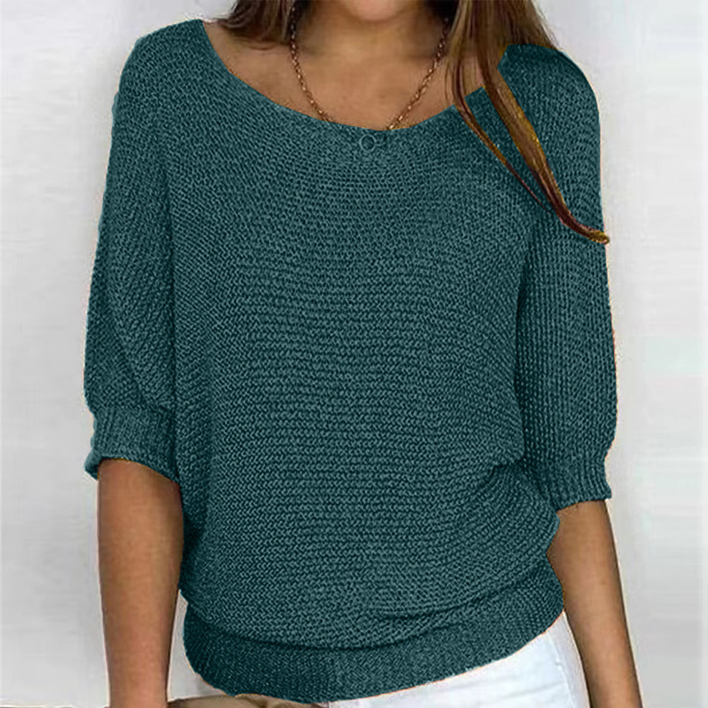 Women's Solid Crewneck Knit Top with Three-Quarter Sleeves
