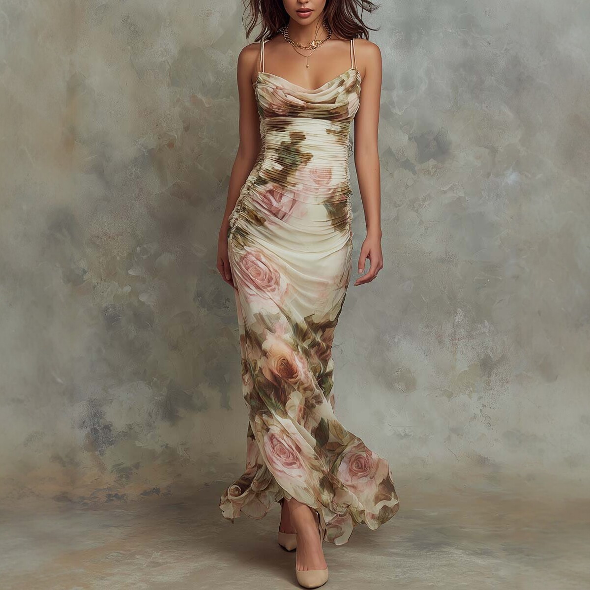 V-Neck Waist-Cinching Ruffle Floral Midi Dress