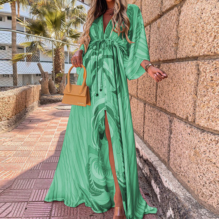 Bohemian V-Neck Slit Printed Maxi Dress Loose Fit Long Sleeve