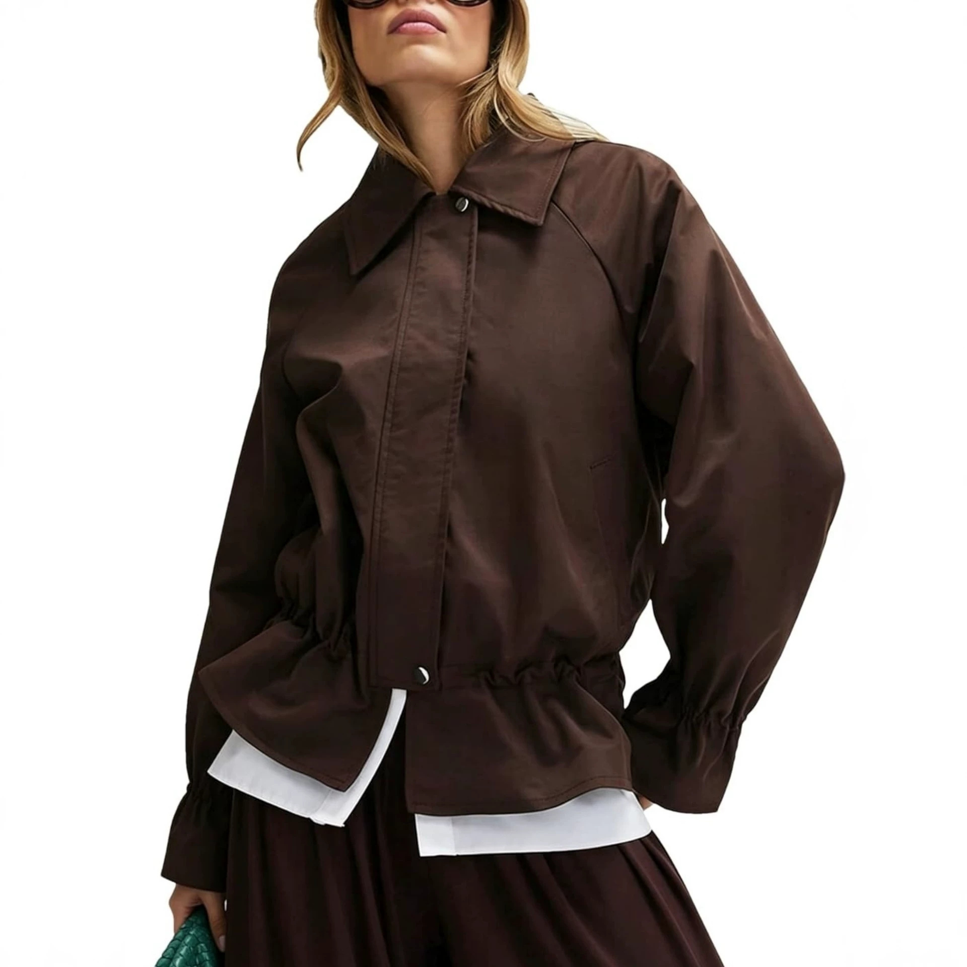 Women's Loose Fit Polo Collar Zip-Up Jacket with Cinched Waist