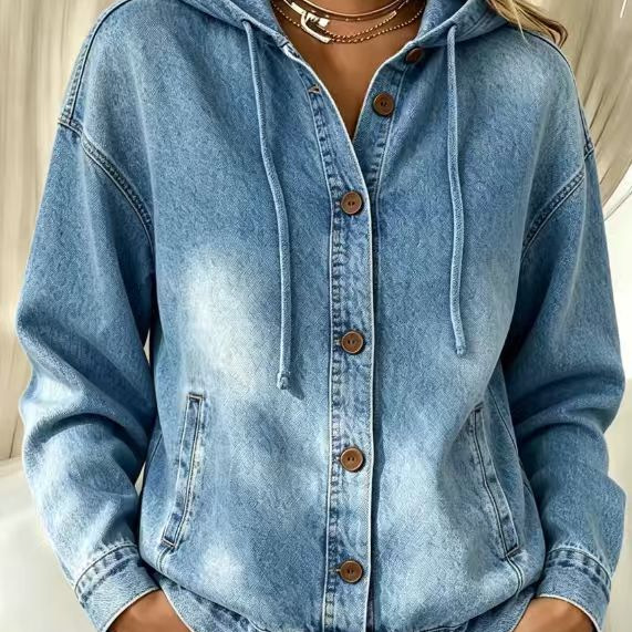 Women's Washed Denim Hooded Bomber Jacket Casual Long Sleeve