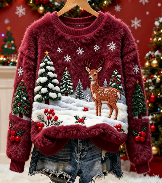 Christmas Reindeer Print Long-Sleeve Pullover Fleece Sweatshirt