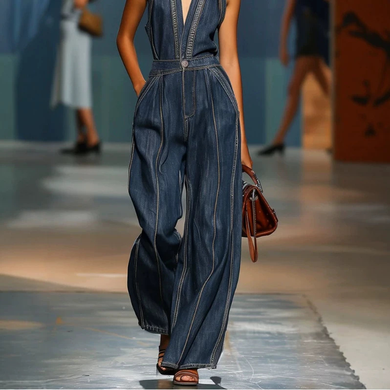 V-Neck Sleeveless Wide-Leg Denim Jumpsuit Retro Casual