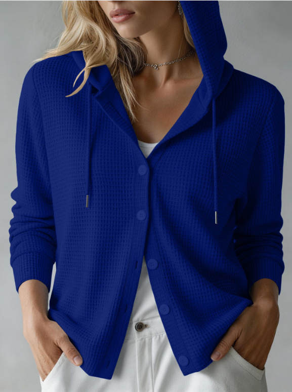 Waffle Knit Hooded Button-Front Cardigan