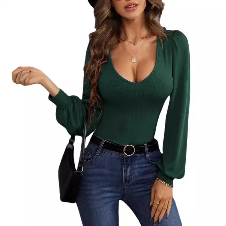 Women's Lantern Sleeve Low Neck Slim Knit Sweater