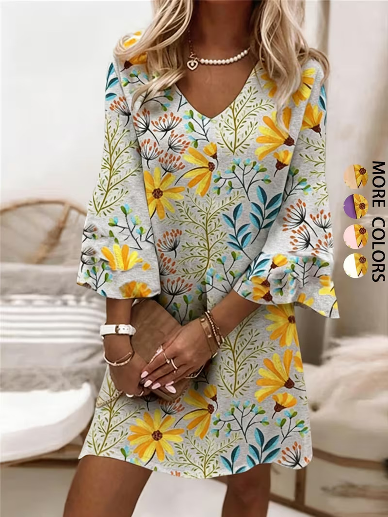 Women's Floral Print Rolled Sleeve Midi Dress
