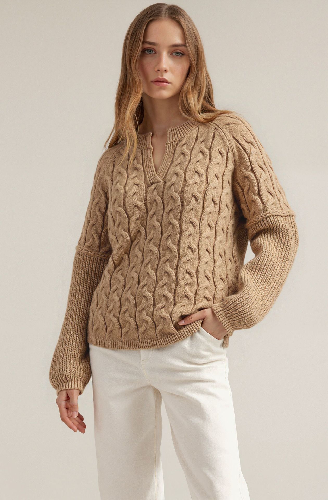 Cable-Knit V-Neck Long-Sleeve Sweater