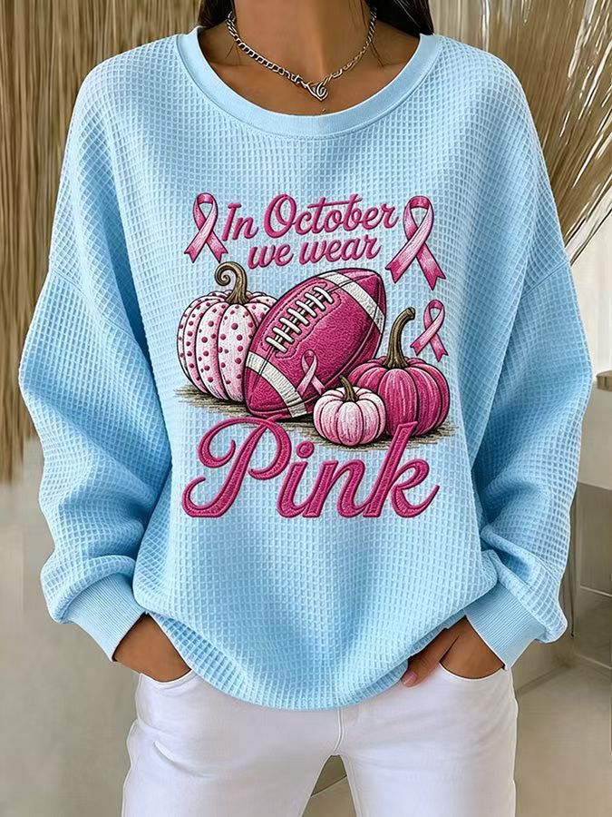 Ribbon Letter Print Crewneck Long Sleeve Waffle Sweatshirt for Women