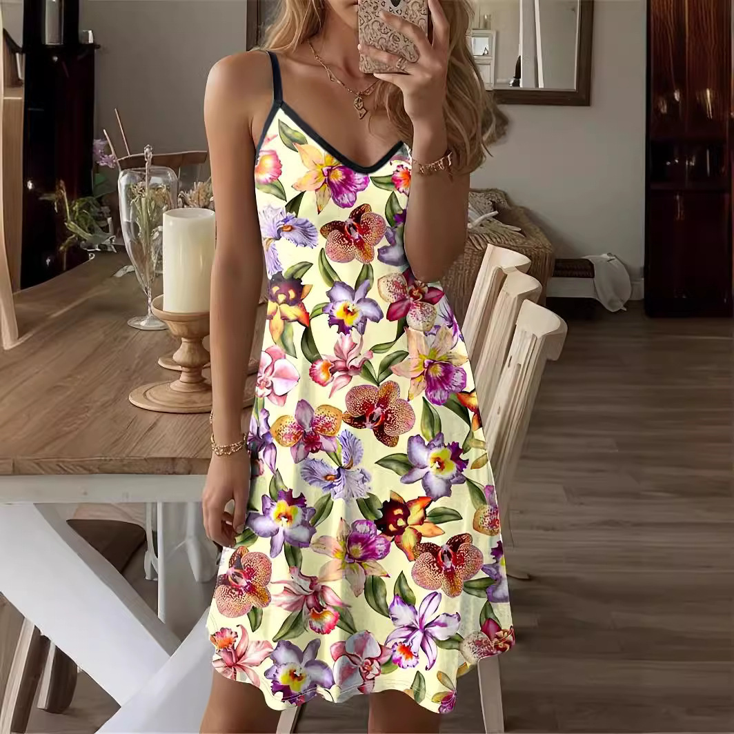 Floral Print Sleeveless Midi Dress with Round Neck