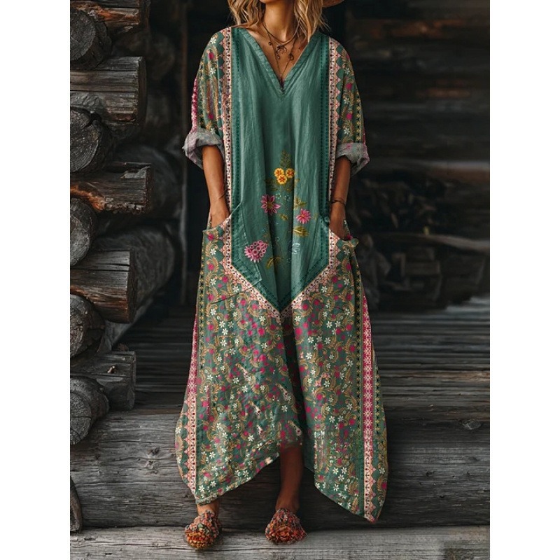 Women's Floral Ripple Print V-Neck A-Line Midi Dress Long Sleeve