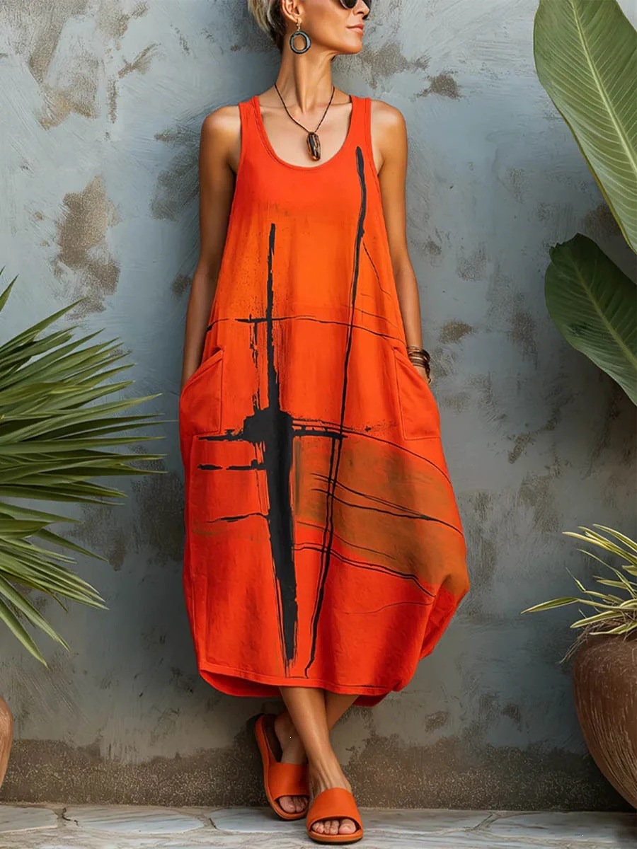 Women's Summer Sleeveless Printed Pocket Casual Dress