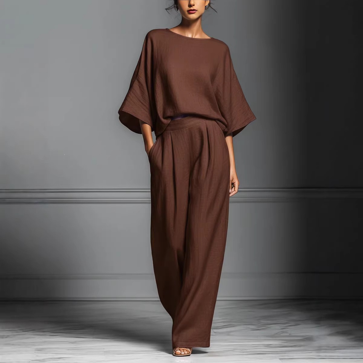 Women's Casual Flare-Sleeve Linen-Blend Two-Piece Set
