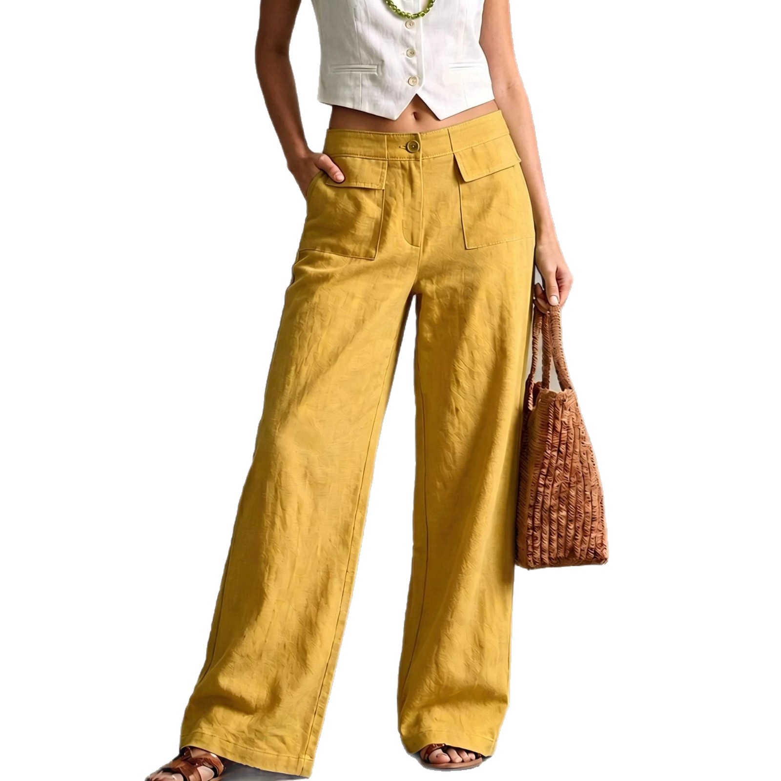 Women's Solid Color Cotton-Linen Wide-Leg Pants High Waist Loose Casual Long Pants