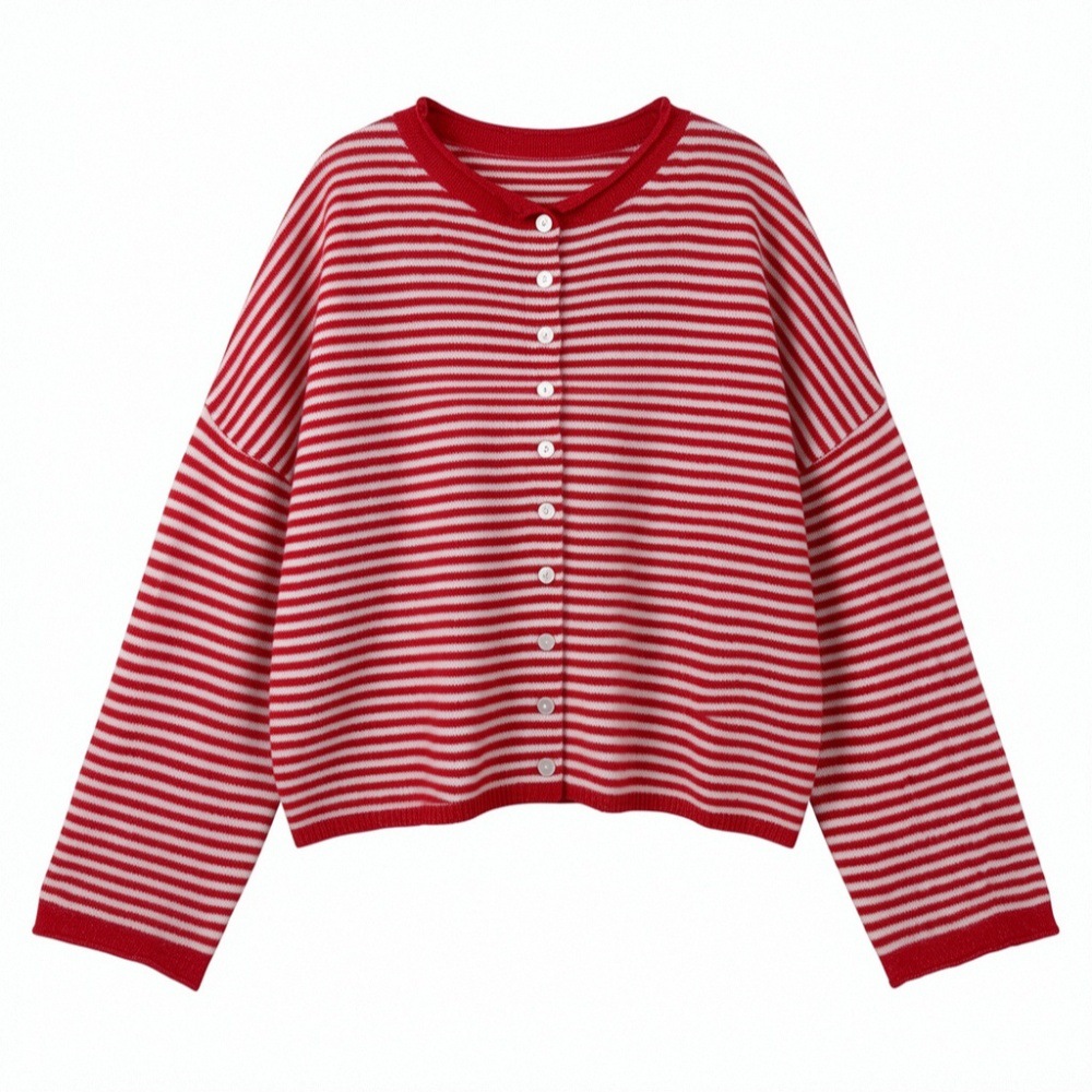 Striped Knit Cardigan Women's Loose Crew Neck Single-Breasted Long Sleeve Casual Outerwear