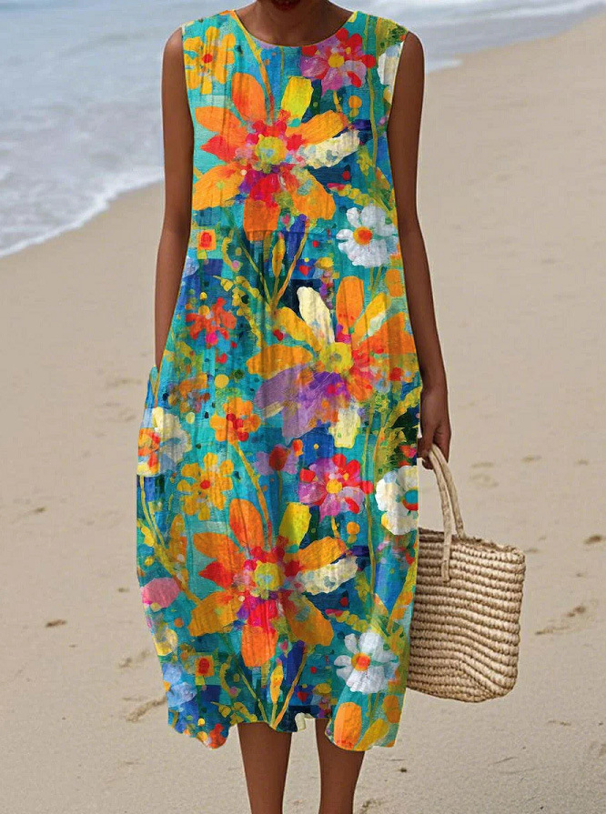 Floral Print Sleeveless Round Neck Loose Midi Dress