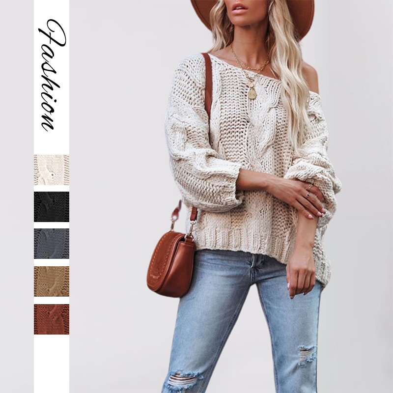 Off-Shoulder Cable Knit Oversized Sweater