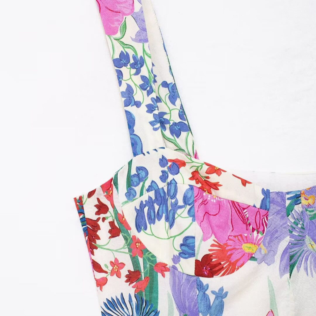 Women's Floral Print Square Neck Sleeveless A-Line Midi Dress