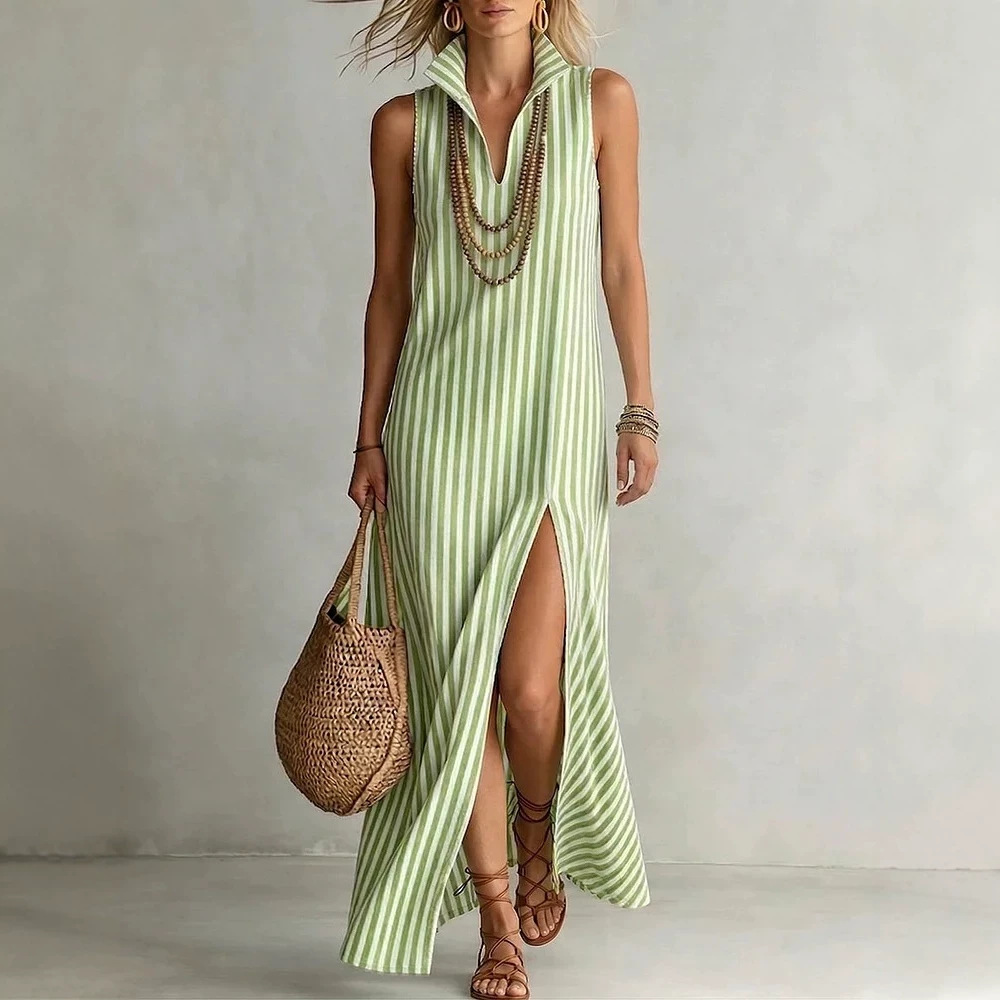 Striped Stand Collar Sleeveless Slit Midi Dress