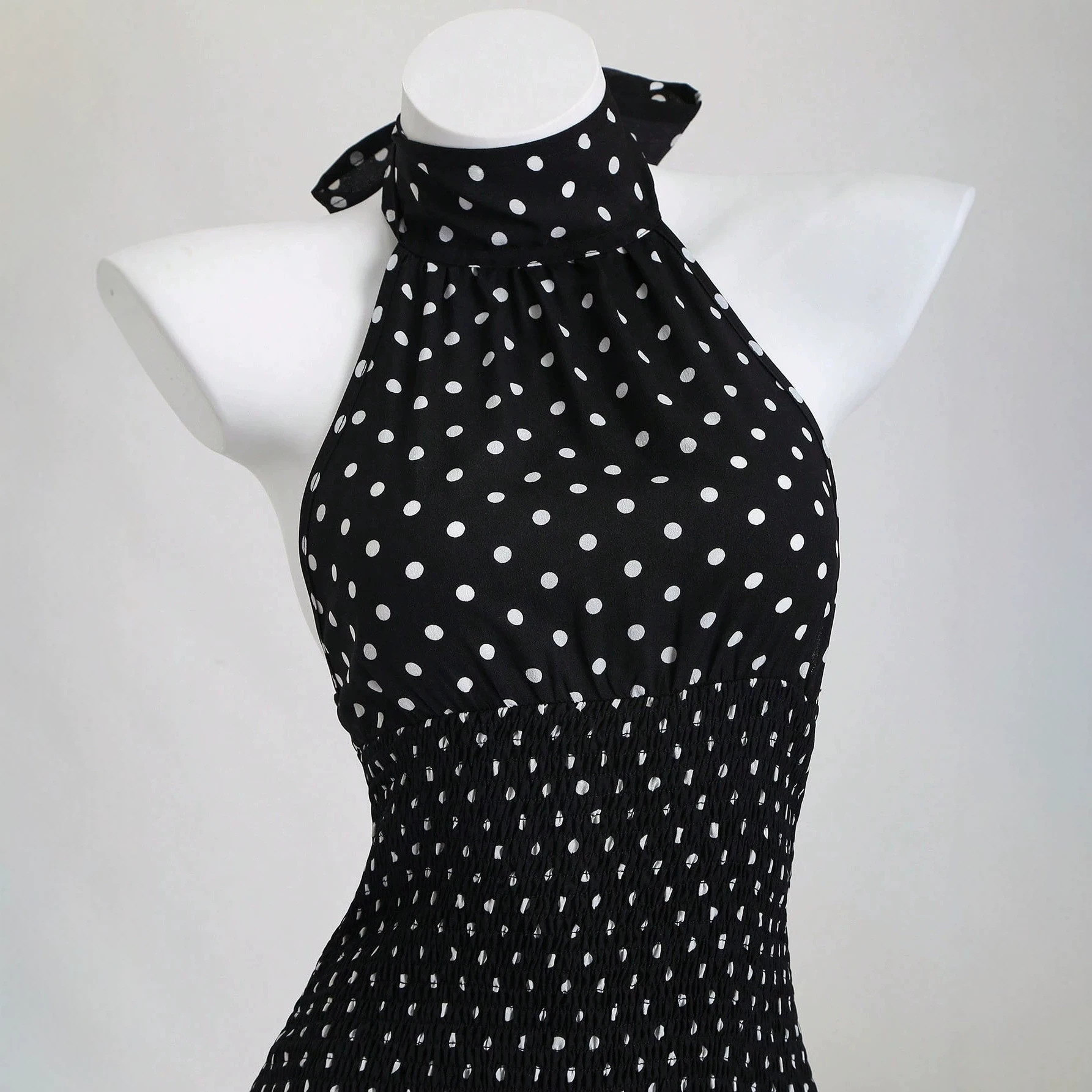 Women's Sleeveless Halter Polka Dot Tie-Back A-Line Mini Dress