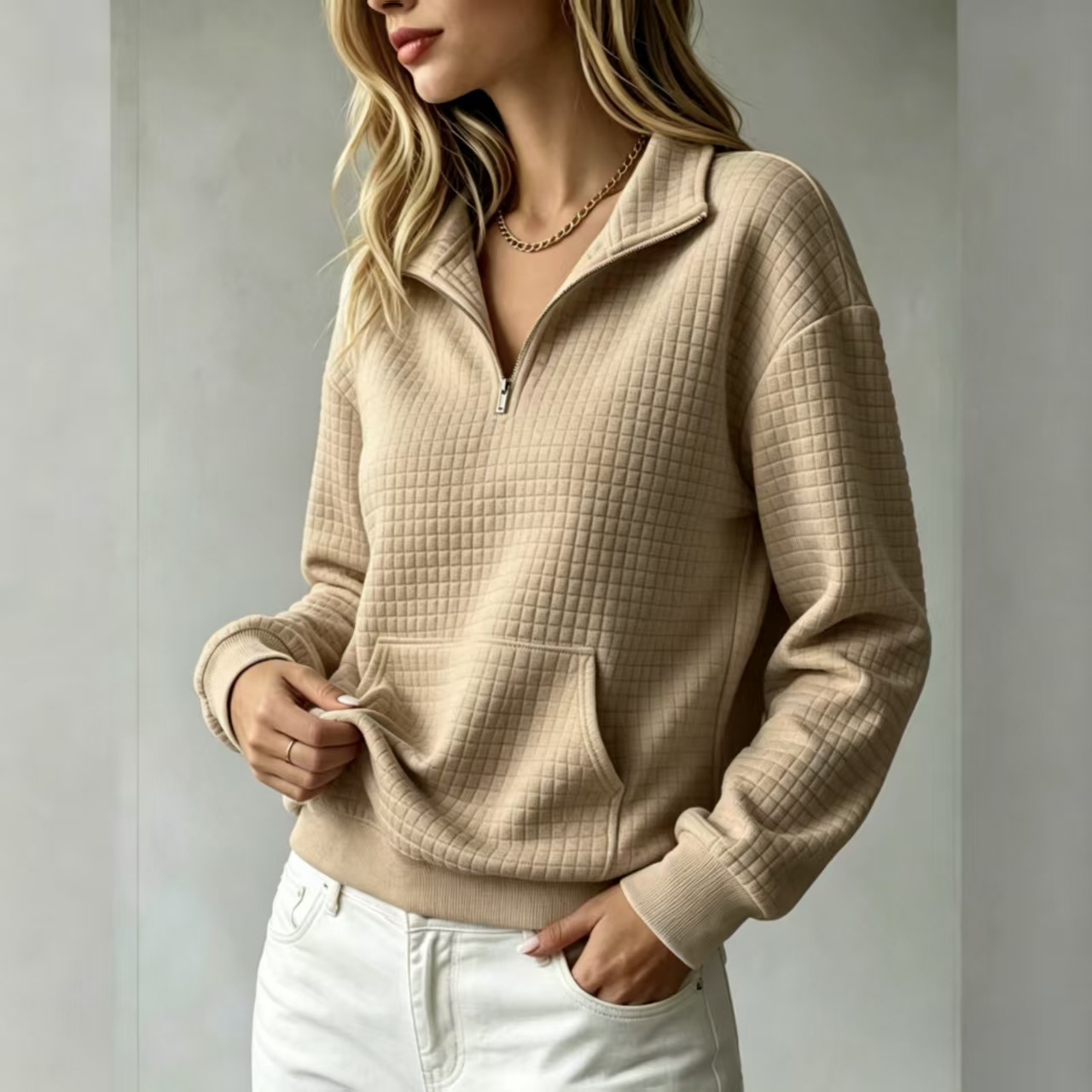 Women's Loose Kangaroo Pocket Solid Color Stand Collar Zip-Up Long Sleeve Sweatshirt