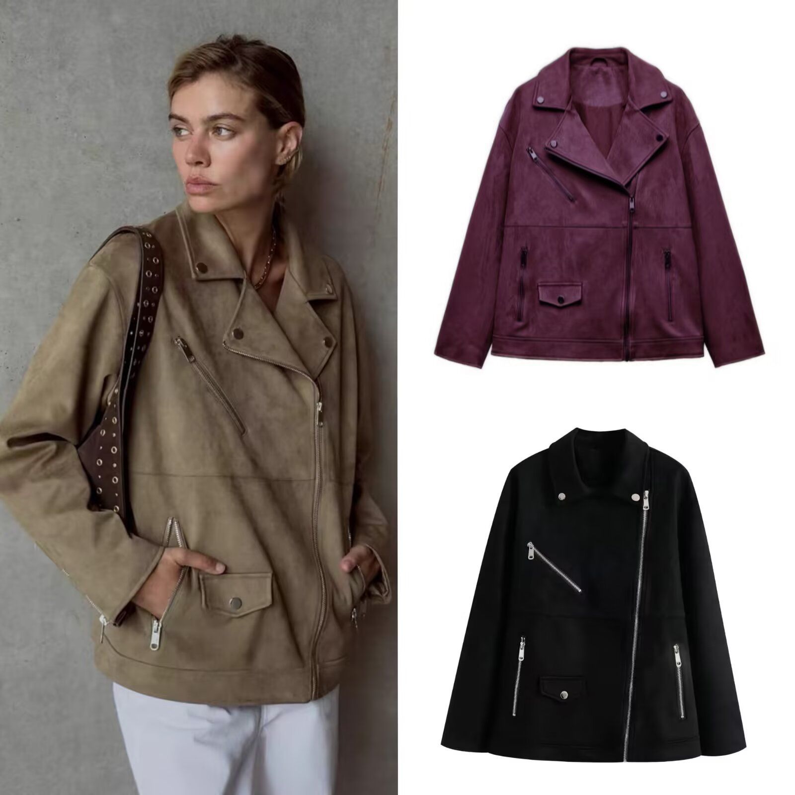 Suede-Feel Moto Jacket with Lapel Collar