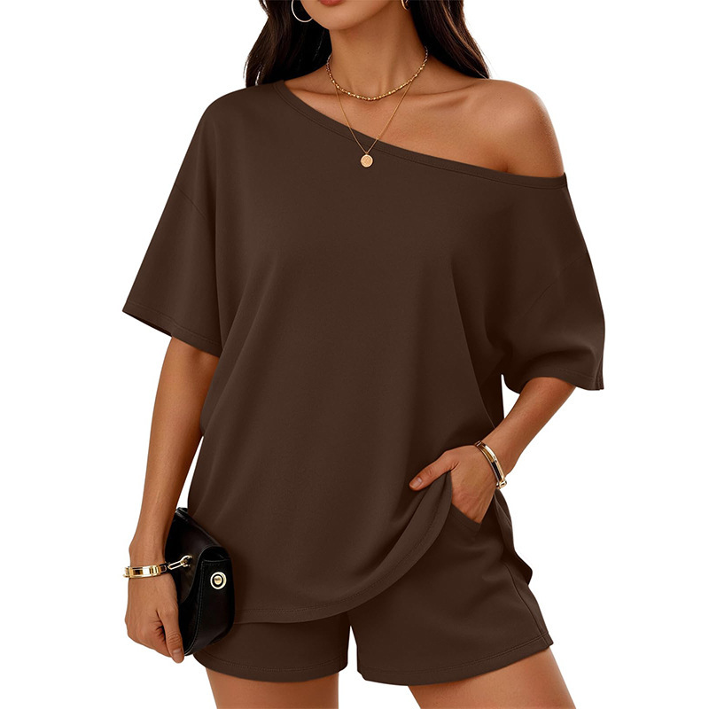 Women's 2-Piece Asymmetric Neck Top and Shorts Set Casual Summer Outfit