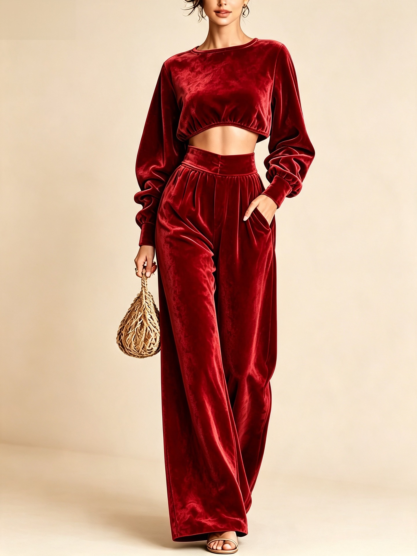 Elegant Christmas Two-Piece Set with Cropped Top and Wide-Leg Pants