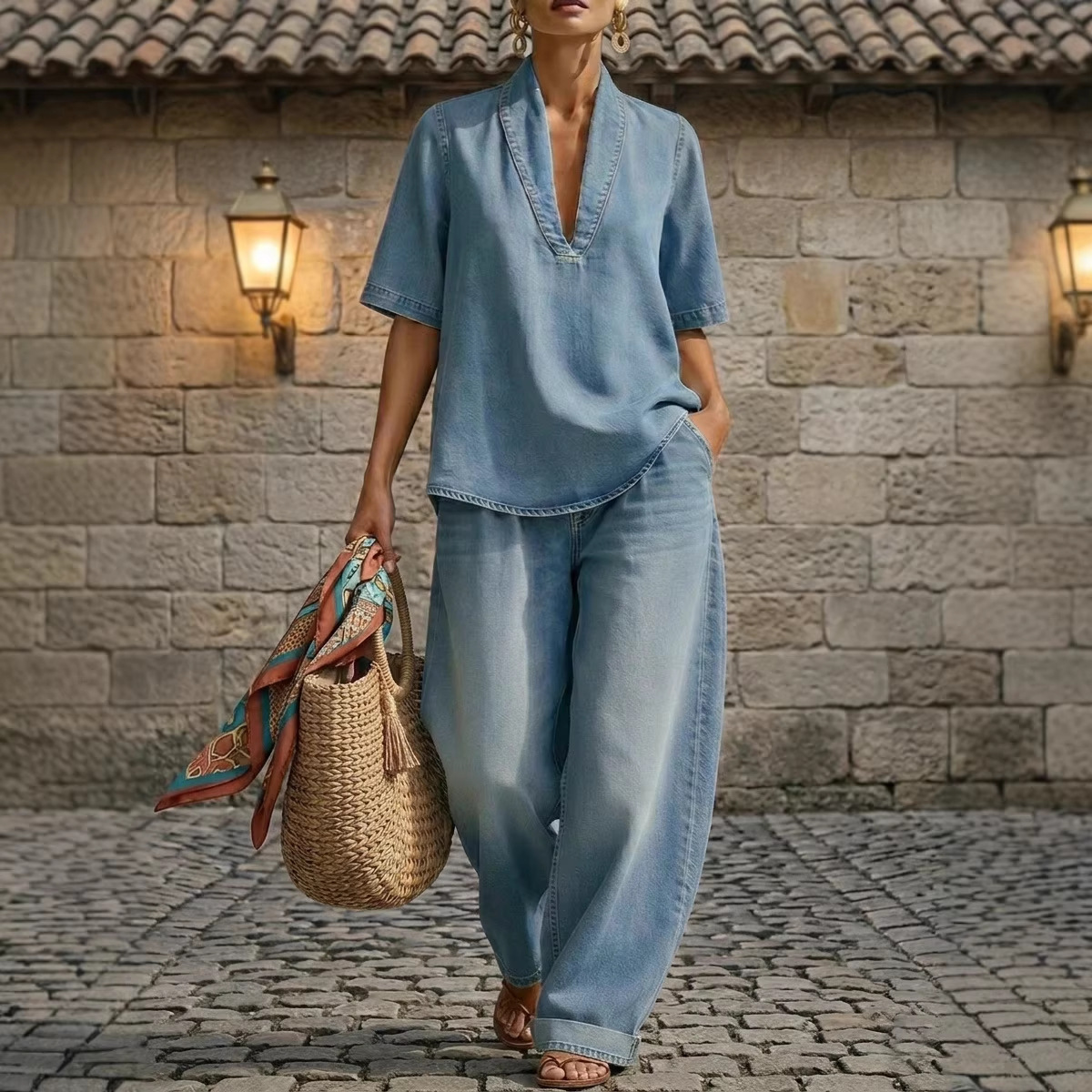 Women's Loose Casual Solid Color Minimalist Denim Two-Piece Set