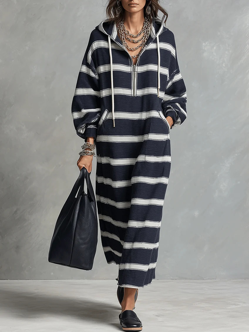 Hooded Half-Zip Loose Plus-Size Print Long Sweatshirt Dress