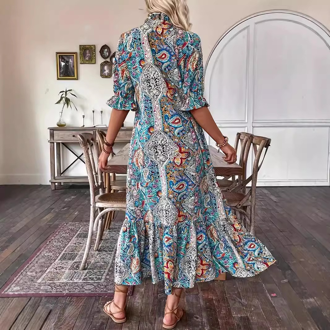 Women's Floral Print Tie-Neck Midi Dress with Ruffle Hem