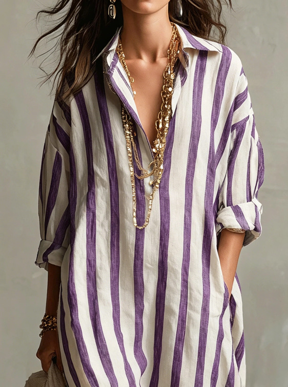 Women's Loose V-Neck Long Striped Print Shirt Dress