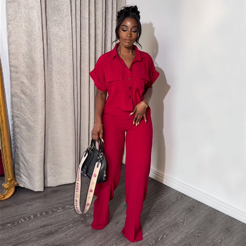 Women's Casual Short Sleeve Button-Front Shirt and Wide-Leg Pants Set
