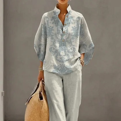 Women's Polka Dot Floral Print Long Sleeve Button-Up Top Set