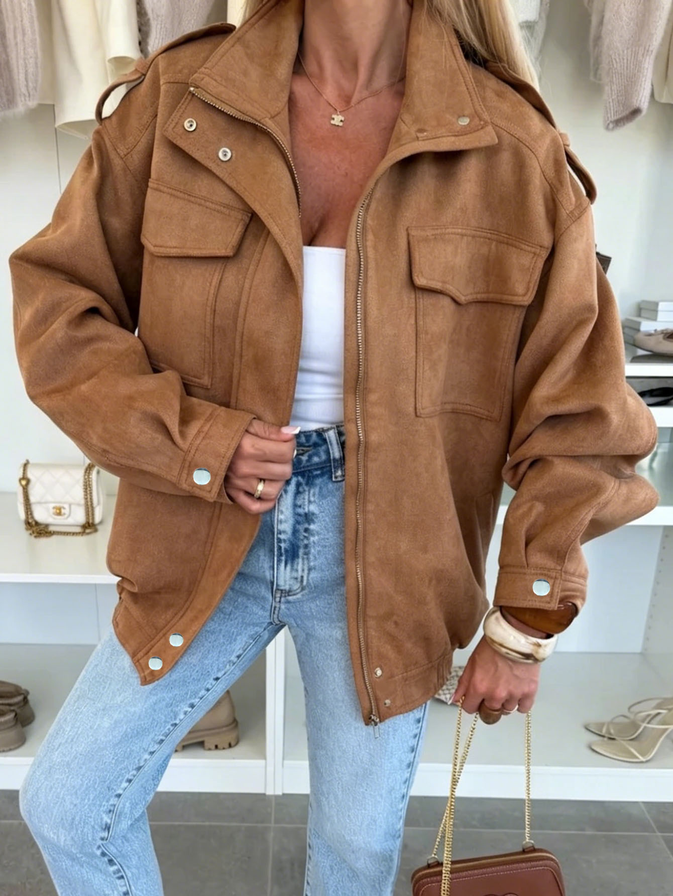 Women's Retro Lapel Collar Long Sleeve Zip-Up Jacket Solid Color Warm Short Coat