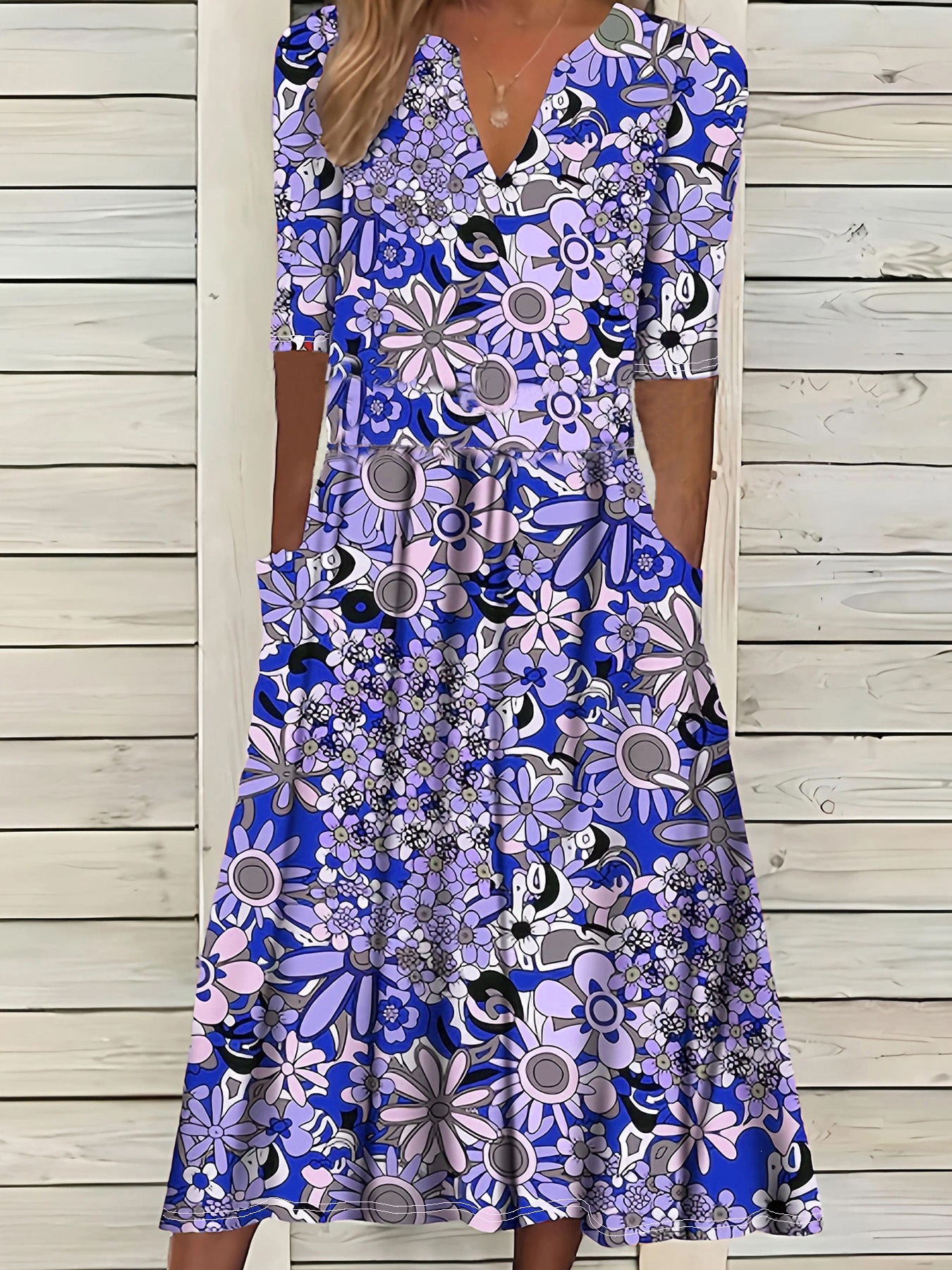Vintage Daisy Floral Midi Dress Deep V-Neck Three-Quarter Sleeve Loose Fit