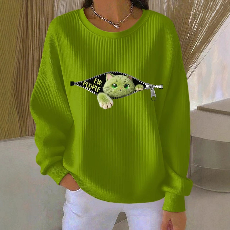 Women's Cartoon Cat Print Zip-Up Crewneck Sweatshirt