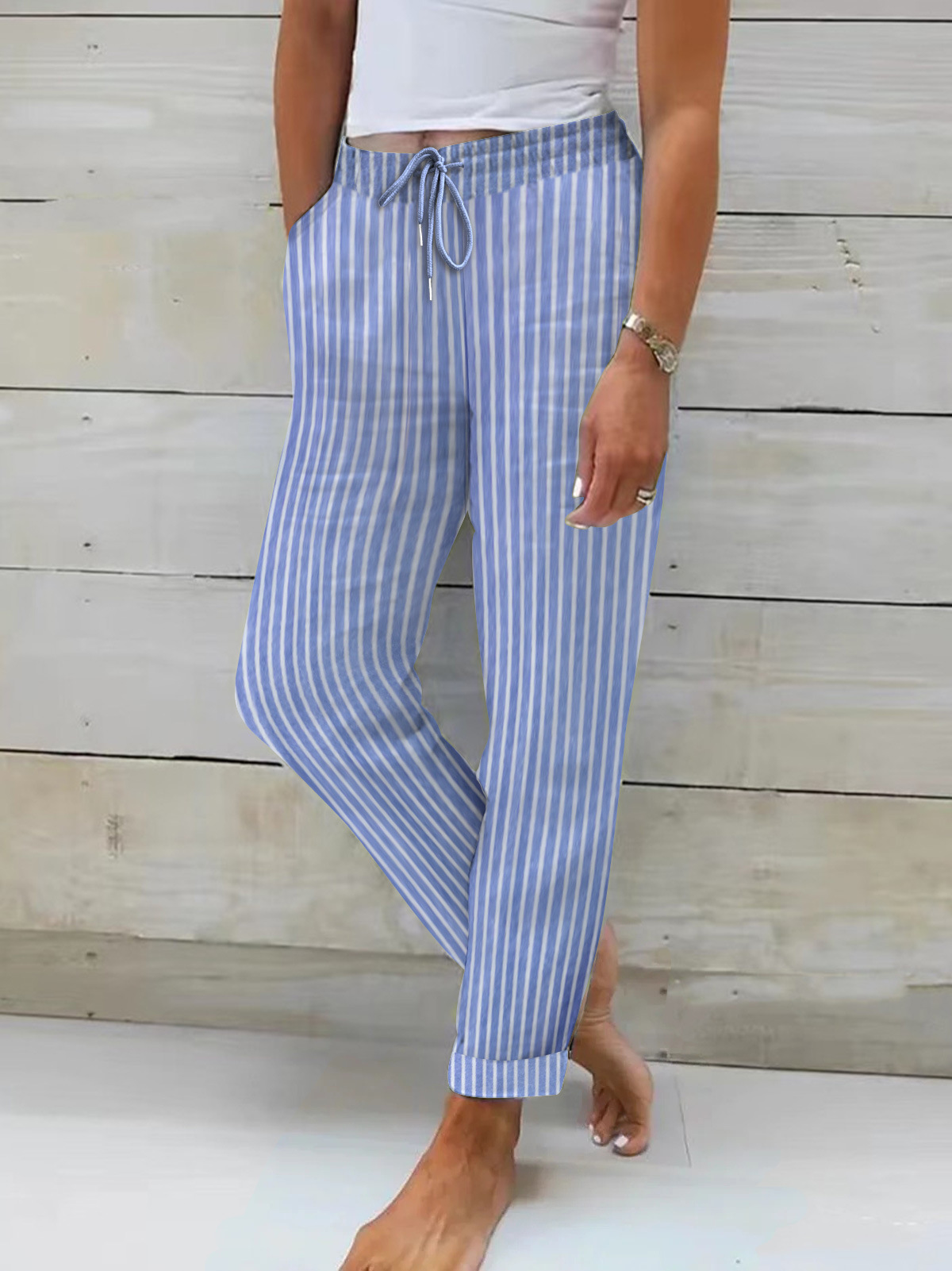Women's Striped & Solid Cotton-Linen Loose Casual Pants