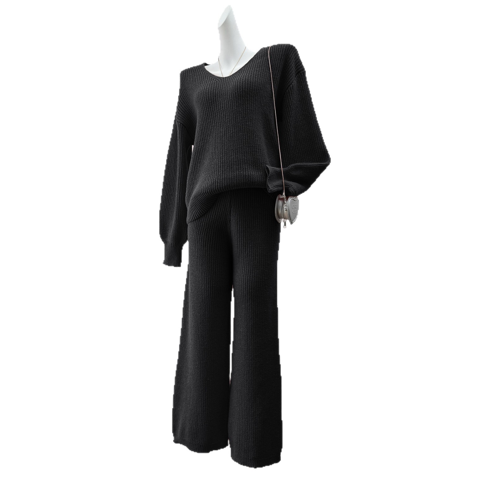 Women's V-Neck Loose Knit Top & Wide-Leg Pants Two-Piece Sweater Set