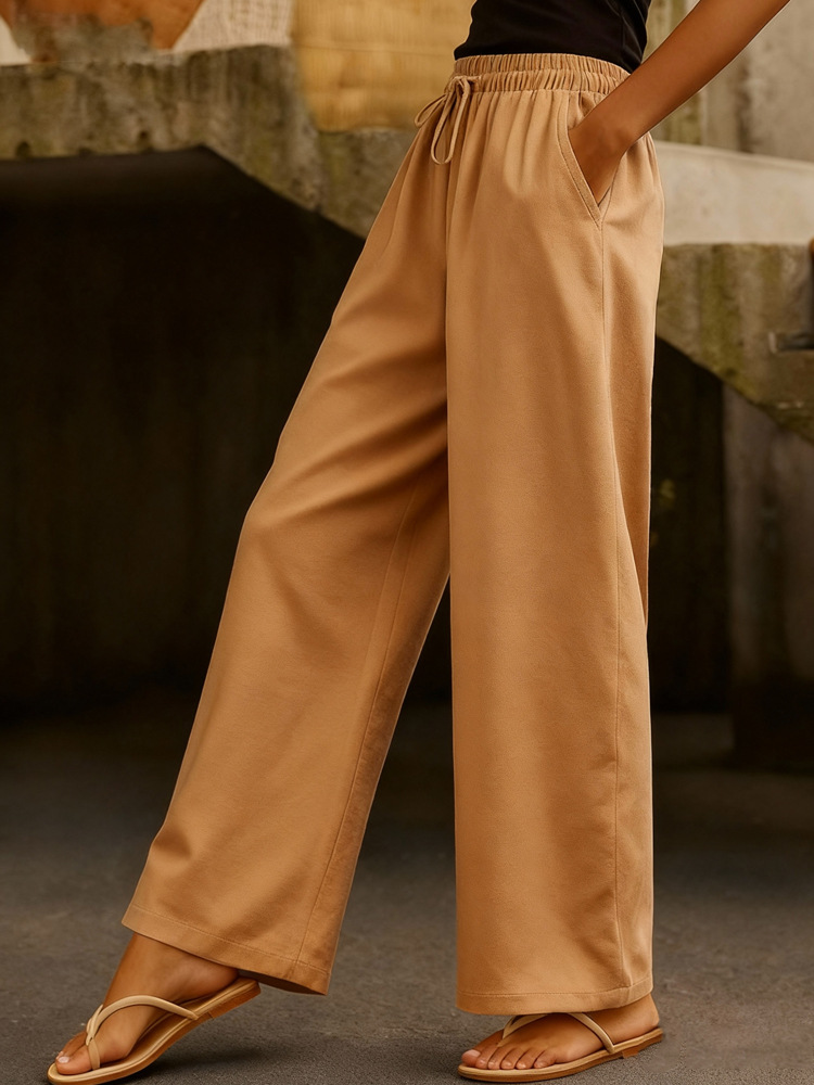 Women's Cotton-Linen Wide-Leg Pants with Drawstring Elastic Waist and Side Pockets