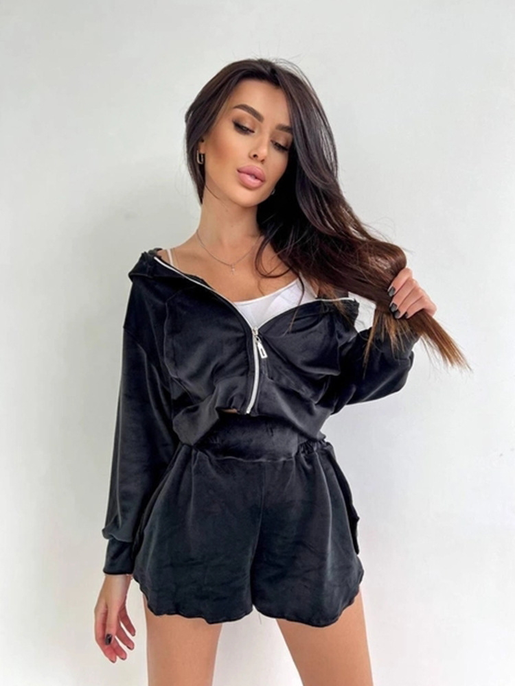 Women's Casual Long Sleeve Zip-Up Hooded Cardigan and Split Shorts Set