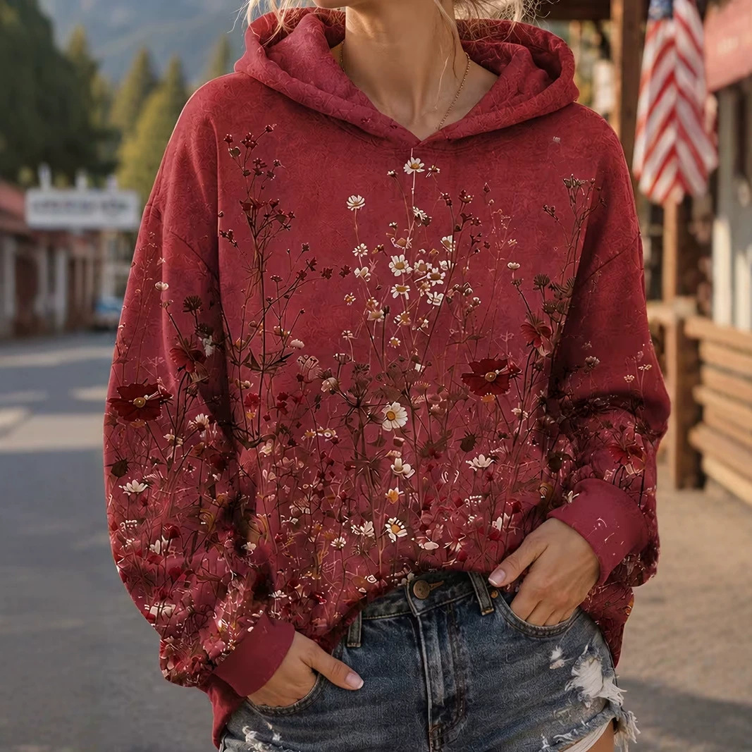 Women's Floral Print Casual Hoodie Long Sleeve Crewneck