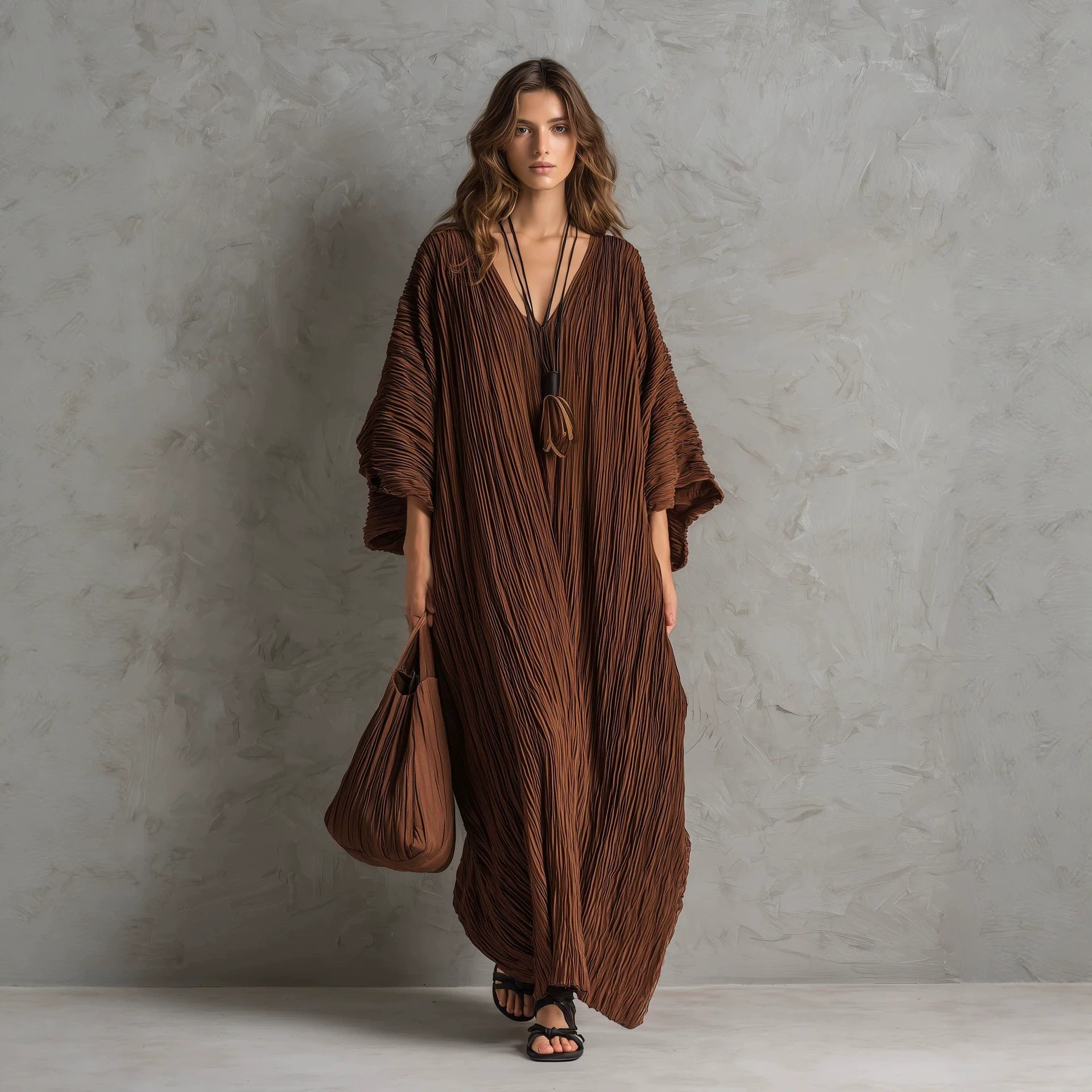 Women's V-Neck Caftan Maxi Dress with Pockets